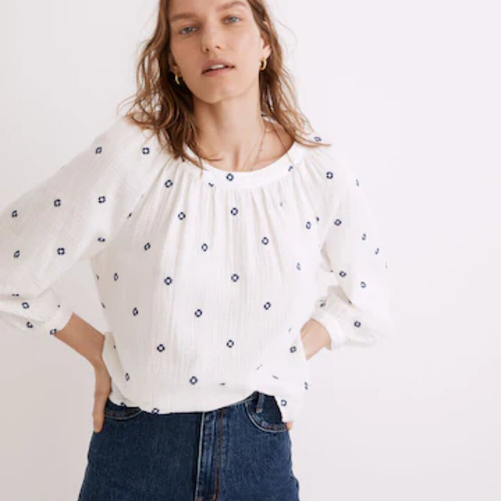 Madewell White Gauze  Blouse w/ Blue Embroidary, Size L, Cute Back Buttons